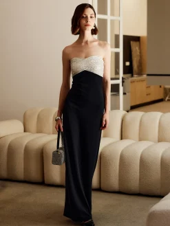 Outlet Sequins Color Block Tube Long Dress Black Dresses|Cocktail & Party Dresses