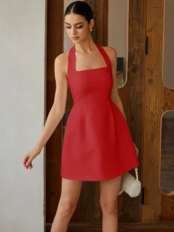 Online Sexy Halter Solid Dress White Dresses|Black Dresses