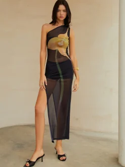 Best Sheer One Shoulder Split Midi Dress Black Dresses|Casual Dresses