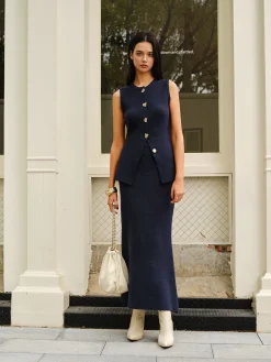 Outlet Sleeveless Button Jersey Skirt Set Skirt Sets|Long Sleeve Sets