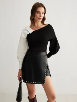 Outlet Slit Studded Faux Leather Mini Skirt Skirts|Matching Sets