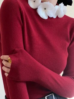 Solid Long Sleeve Floral Knit Top Sweater Tops|Sweaters & Cardigans