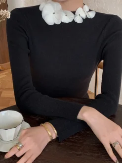 Discount Solid Long Sleeve Floral Knit Top Sweater Tops|Sweaters & Cardigans