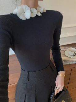 Discount Solid Long Sleeve Floral Knit Top Sweater Tops|Sweaters & Cardigans
