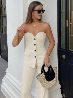 New Solid Tube Top With Wide Leg Pants Set Pants Sets|Wide Leg