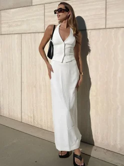 Sale Solid V-Neck Backless Tie Up Halter & Split Maxi Skirt Set Skirt Sets|Long Sleeve Sets