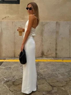 Best Solid V-Neck Backless Tie Up Halter & Split Maxi Skirt Set Skirt Sets|Long Sleeve Sets