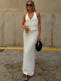 Best Solid V-Neck Backless Tie Up Halter & Split Maxi Skirt Set Skirt Sets|Long Sleeve Sets