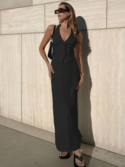 Best Solid V-Neck Backless Tie Up Halter & Split Maxi Skirt Set Skirt Sets|Long Sleeve Sets