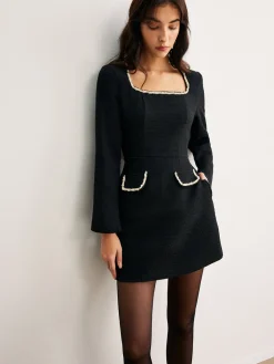 Online Square Neck Pearl Beaded Dress Casual Dresses|Work Dresses