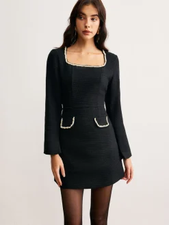 Online Square Neck Pearl Beaded Dress Casual Dresses|Work Dresses