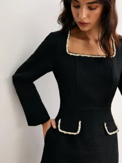 Online Square Neck Pearl Beaded Dress Casual Dresses|Work Dresses