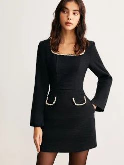 Best Square Neck Pearl Beaded Dress Black Dresses|Casual Dresses