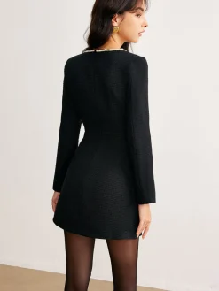 Best Square Neck Pearl Beaded Dress Black Dresses|Casual Dresses