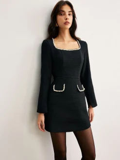 Best Square Neck Pearl Beaded Dress Black Dresses|Casual Dresses