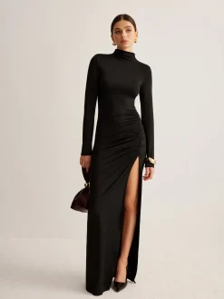 Online Stand-Collar Pleated Slit Jersey Dress Cocktail & Party Dresses|Long Dresses