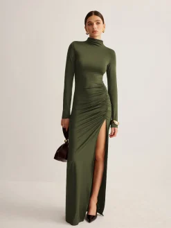 Online Stand-Collar Pleated Slit Jersey Dress Cocktail & Party Dresses|Long Dresses