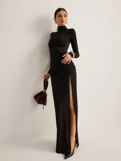 Online Stand-Collar Pleated Slit Jersey Dress Cocktail & Party Dresses|Long Dresses
