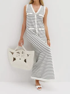 Hot Striped Metal Button Long Sweater Dress Sweater Dresses|Work Dresses