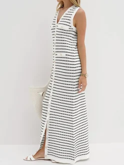 Hot Striped Metal Button Long Sweater Dress Sweater Dresses|Work Dresses