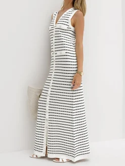 Best Striped Metal Button Long Sweater Dress White Dresses|Black Dresses