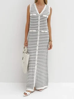 Best Striped Metal Button Long Sweater Dress White Dresses|Black Dresses