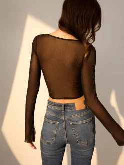 Sale Structured Long Sleeve Mesh Corset Top Corset Tops|Blouses & Shirts
