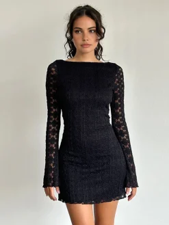 Discount Textured Lace Short Dress Casual Dresses|Work Dresses