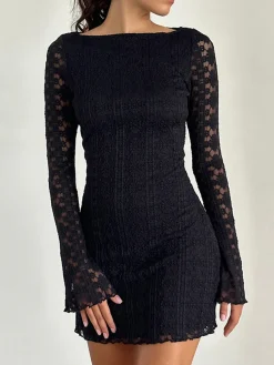 Discount Textured Lace Short Dress Casual Dresses|Work Dresses