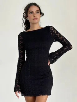 Discount Textured Lace Short Dress Casual Dresses|Work Dresses