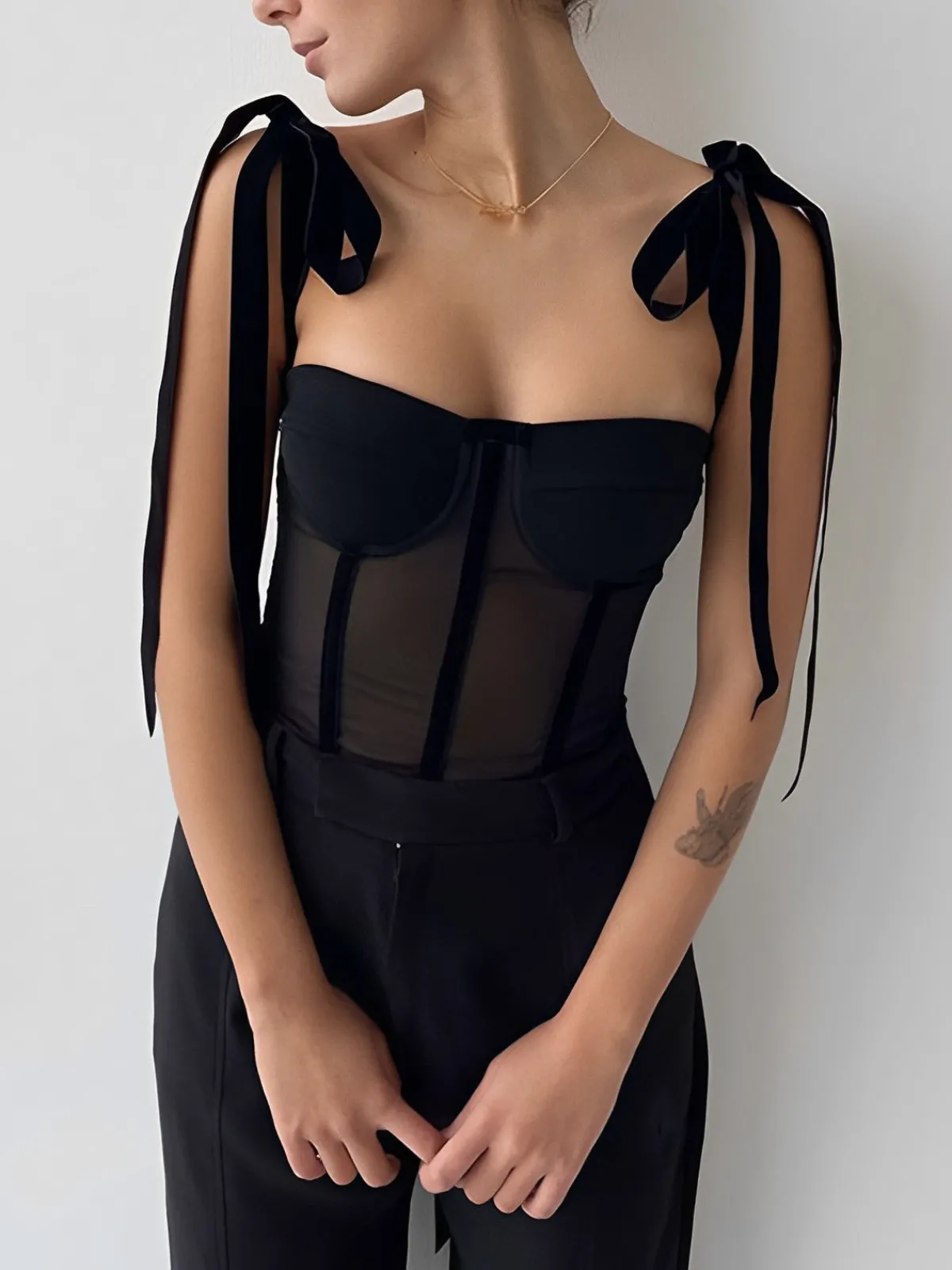 Outlet Tied Mesh Corset Crop Top Corset Tops|Crop Tops