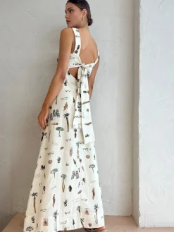 New Tropical Print Knotted Long Dress Casual Dresses|Vacation Dresses