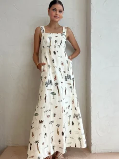New Tropical Print Knotted Long Dress Casual Dresses|Vacation Dresses