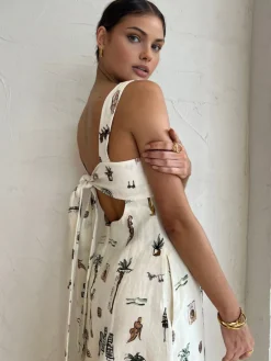 New Tropical Print Knotted Long Dress Casual Dresses|Vacation Dresses