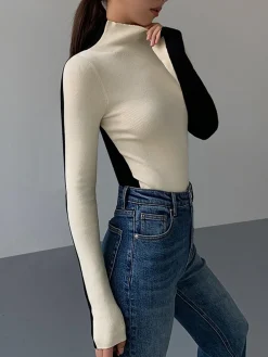 Outlet Two Tone Double Sided Long Sleeve Knit Top Sweater Tops|Sweaters & Cardigans