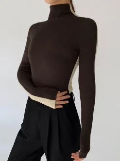 Outlet Two Tone Double Sided Long Sleeve Knit Top Sweater Tops|Sweaters & Cardigans