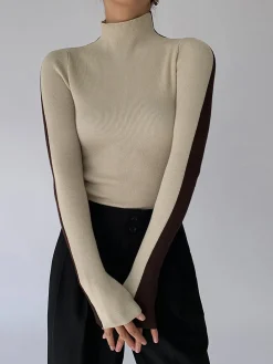 Outlet Two Tone Double Sided Long Sleeve Knit Top Sweater Tops|Sweaters & Cardigans
