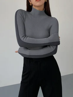 Outlet Two Tone Double Sided Long Sleeve Knit Top Sweater Tops|Sweaters & Cardigans