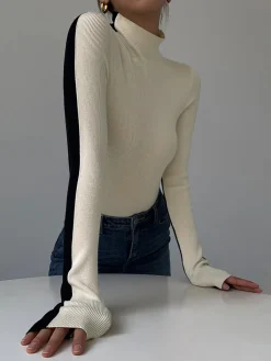 Outlet Two Tone Double Sided Long Sleeve Knit Top Sweater Tops|Sweaters & Cardigans