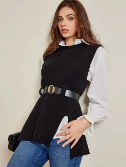 New Two-Piece Belted Sweater With Polo Shirt Blouses & Shirts|Tops