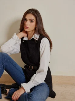New Two-Piece Belted Sweater With Polo Shirt Blouses & Shirts|Tops