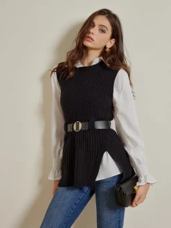 New Two-Piece Belted Sweater With Polo Shirt Blouses & Shirts|Tops