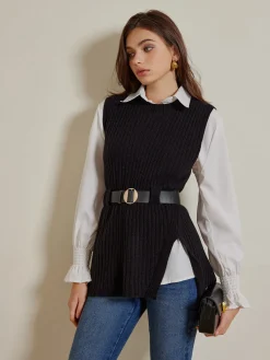 New Two-Piece Belted Sweater With Polo Shirt Blouses & Shirts|Tops