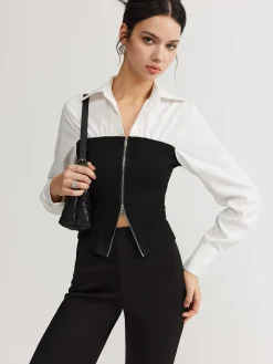 Hot Two-Way Zip Color Block Polo Shirt Blouses & Shirts|Tops