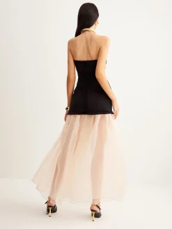 Clearance Velvet Panel Mesh Tube Dress Cocktail & Party Dresses|Long Dresses