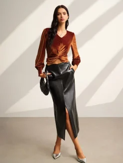 Sale Velvet Pleated Slim Blouse Blouses & Shirts|Tops