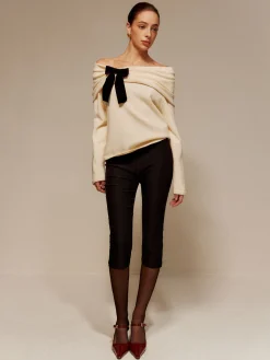 Clearance Velvet-Bow Off-Shoulder Ruched Sweater Sweater Tops|Sweaters & Cardigans