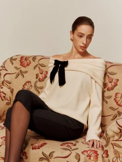 Clearance Velvet-Bow Off-Shoulder Ruched Sweater Sweater Tops|Sweaters & Cardigans