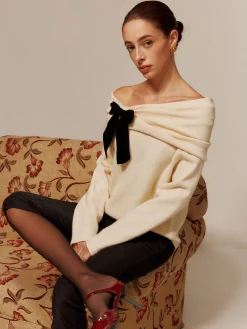 Sale Velvet-Bow Off-Shoulder Ruched Sweater Sweater Tops|Sweaters & Cardigans