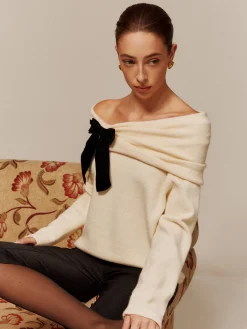 Sale Velvet-Bow Off-Shoulder Ruched Sweater Sweater Tops|Sweaters & Cardigans